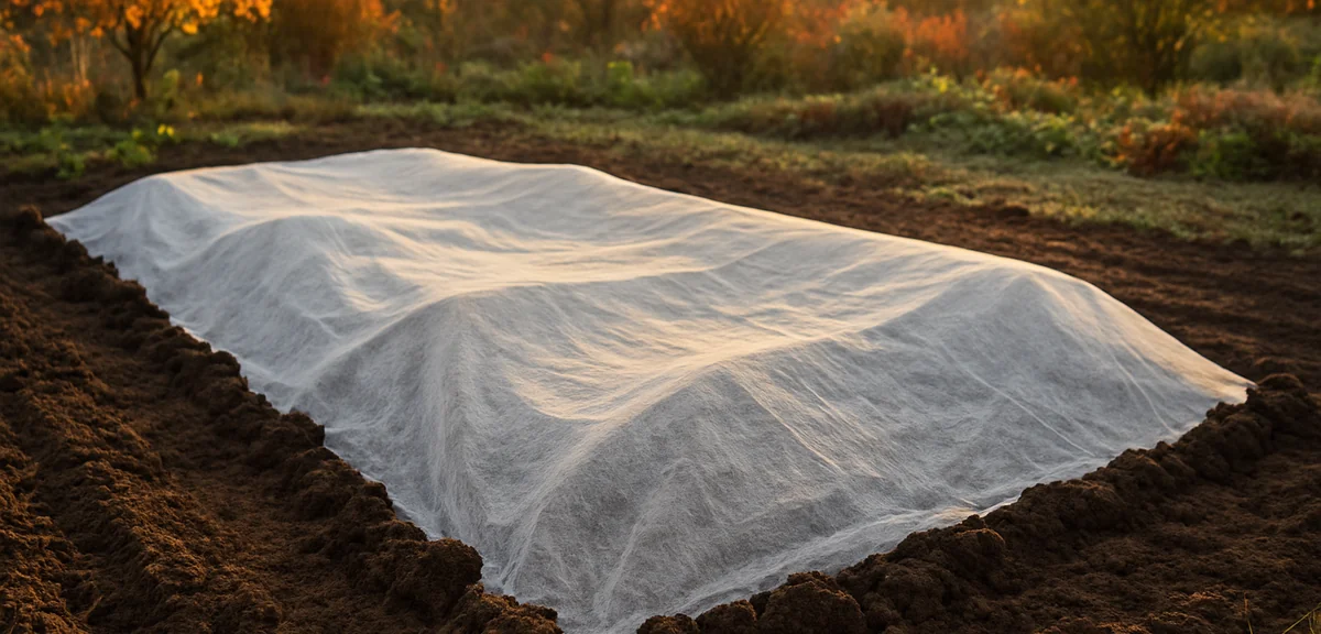 Non-woven fabric row cover laid directly over freshly sown seed beds in an autumn garden, edges weig