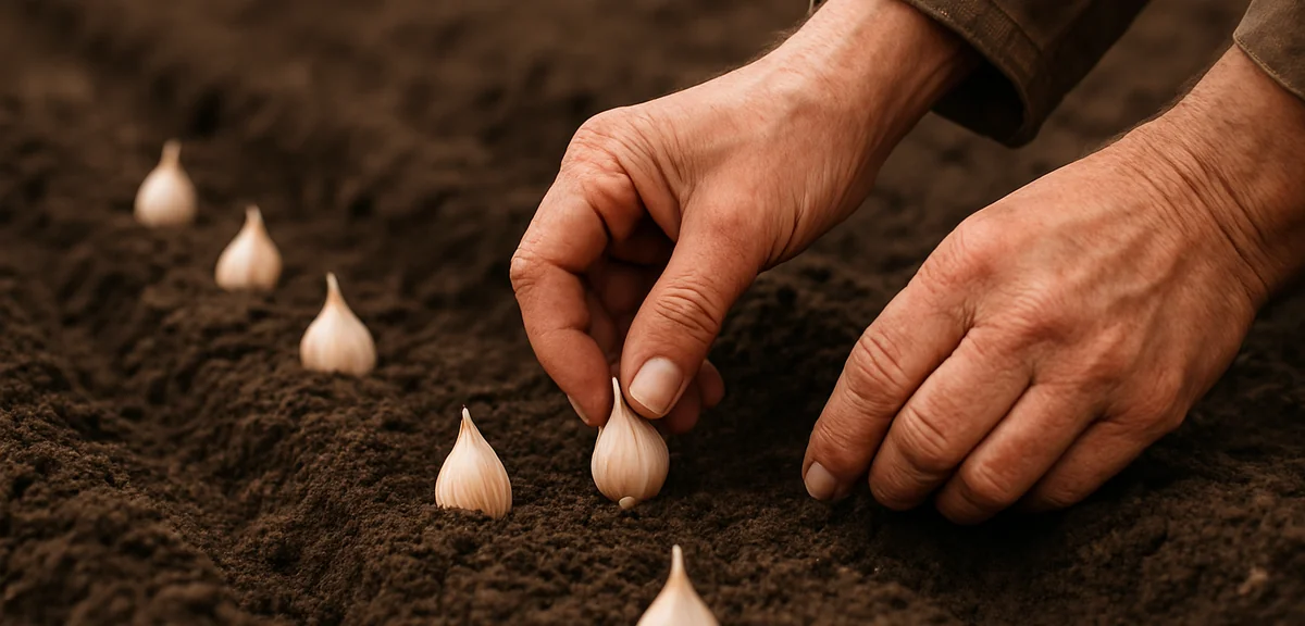 Garlic cloves being pressed into prepared soil in rows during October, gardener's hands visible, aut