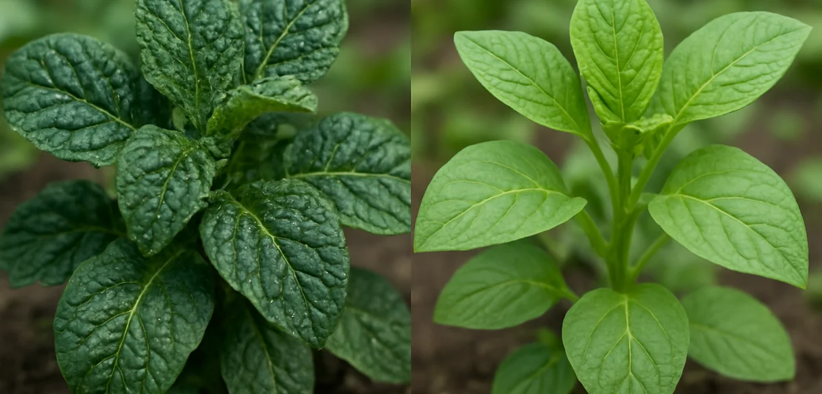 Comparison of two vegetable plants, one with overly dark green leaves crowded with aphids and one wi