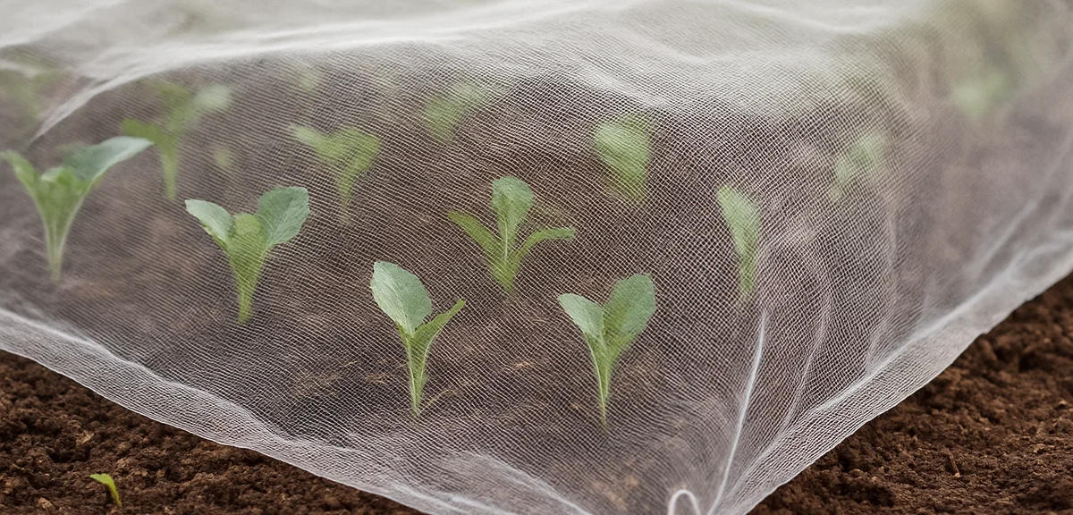 Fine mesh insect netting covering young vegetable seedlings in a garden bed, edges secured with pins