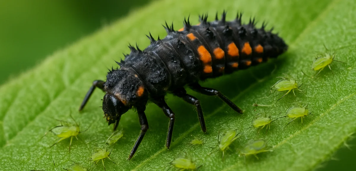 A ladybug larva with orange spots crawling on a leaf hunting aphids, macro nature photography showin