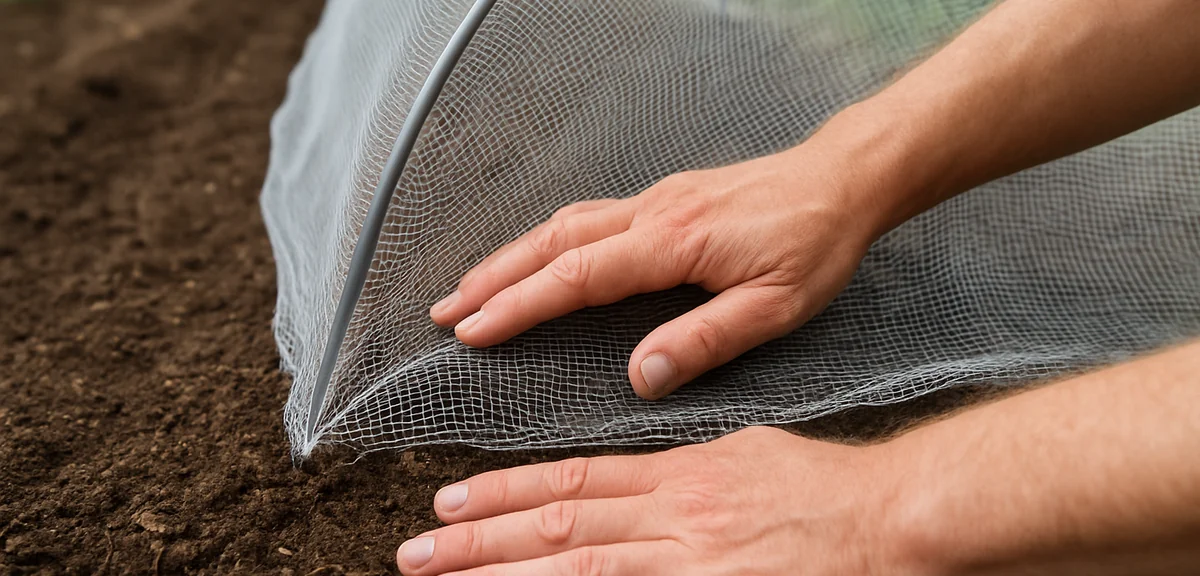 Hands burying the edge of insect netting under soil along the side of a tunnel frame, showing the se