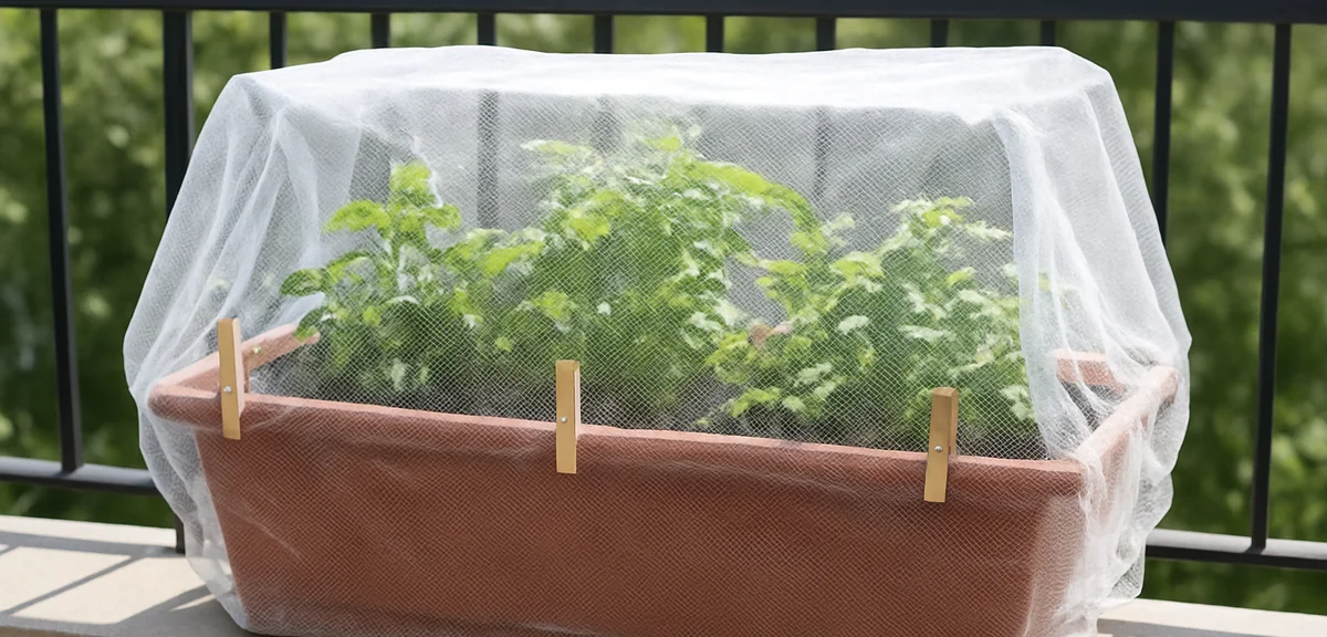 Insect netting wrapped around a balcony planter and clipped to the rim with clothespins, showing the