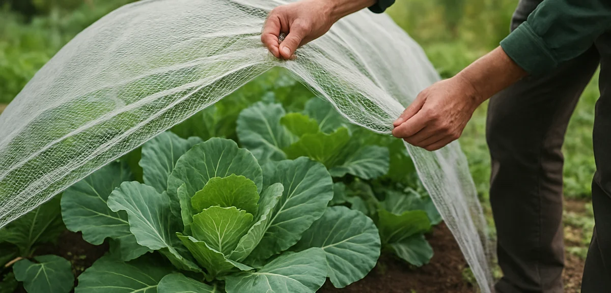Gardener lifting one side of a netting tunnel to inspect cabbage leaves underneath, daytime check ro