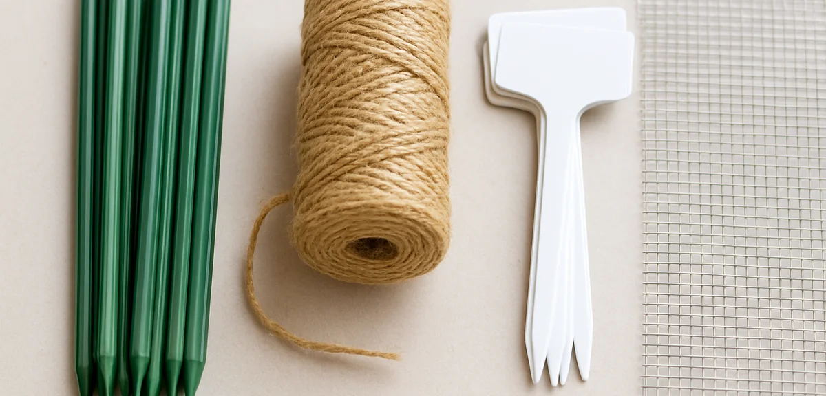Close up of inexpensive garden stakes, twine, plant labels and mesh sheets arranged neatly, showing