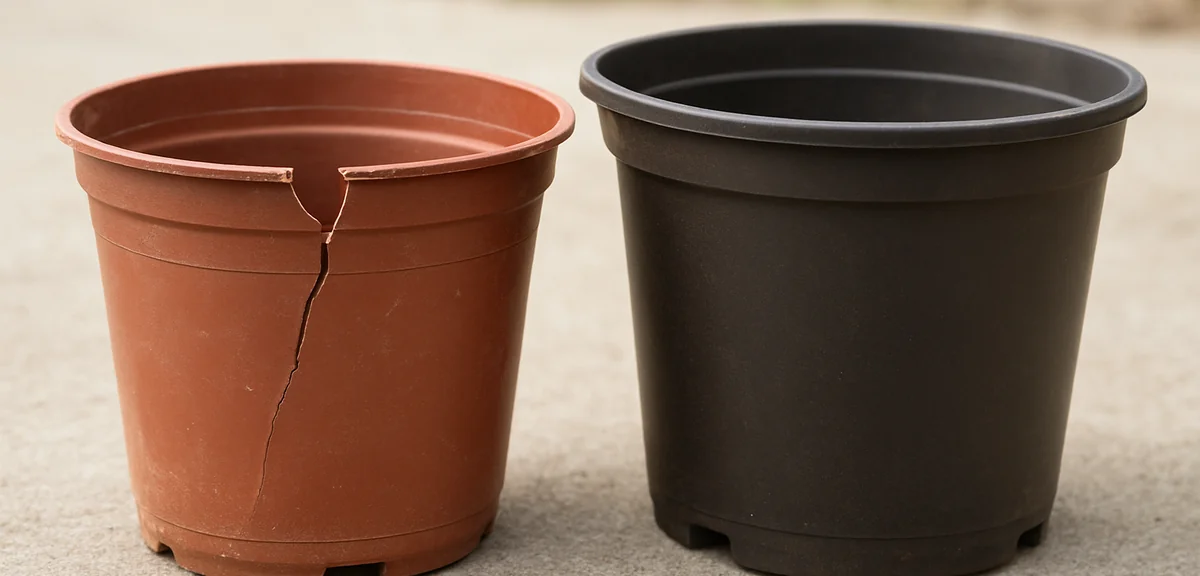 A cracked thin plastic planter next to a sturdy thicker one, side by side comparison showing materia
