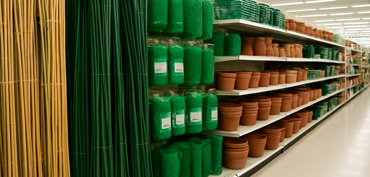 Seasonal garden supply shelf at a discount store filled with stakes, netting and small pots in sprin