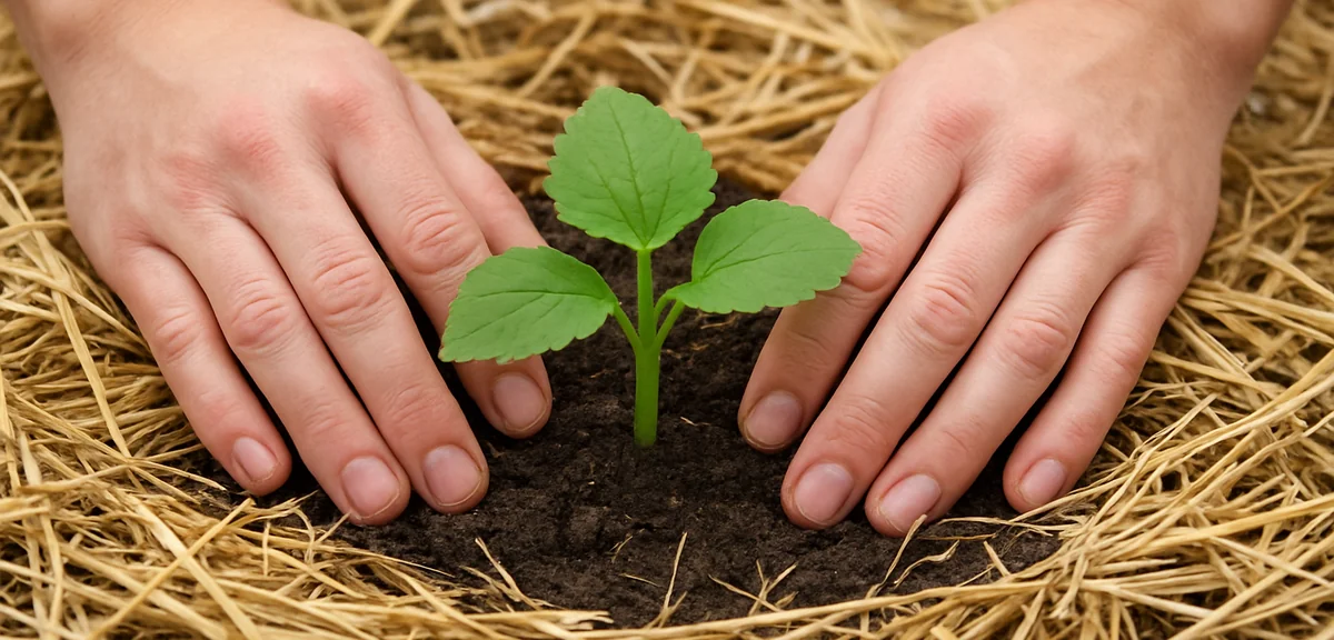 Hands planting a seedling through a straw mulch layer into undisturbed soil, showing the minimal dis