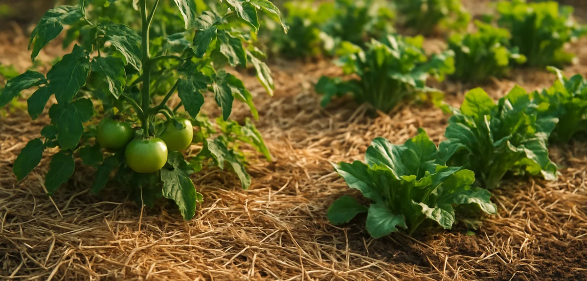 A no-till garden bed with tomato and leafy green plants growing vigorously through thick straw mulch