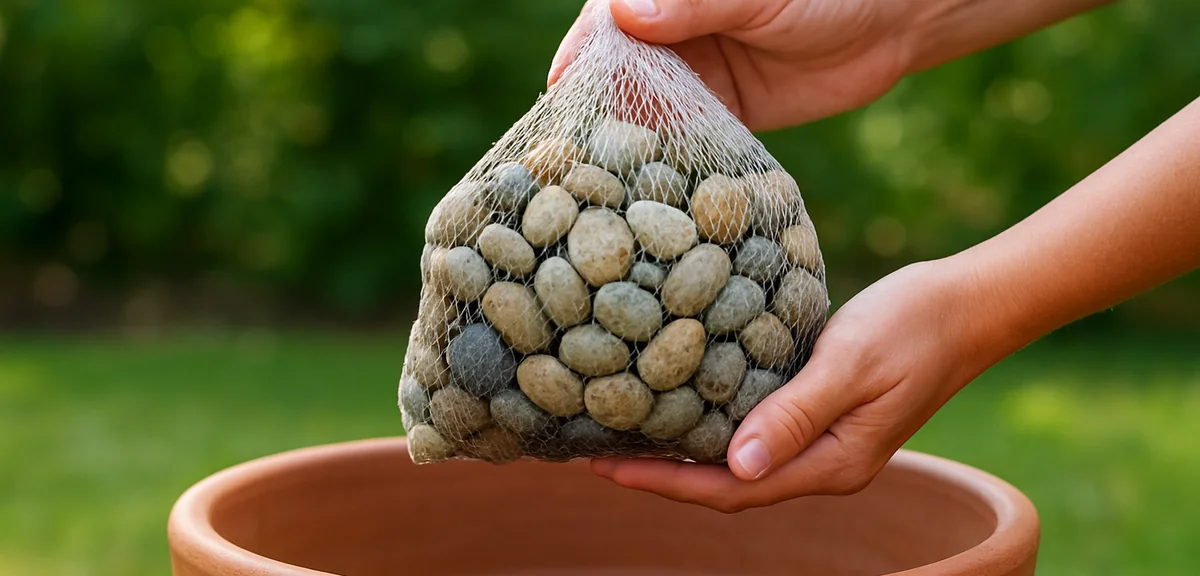 Drainage stones contained in a mesh bag being lifted out of an empty planter, showing how easy reuse