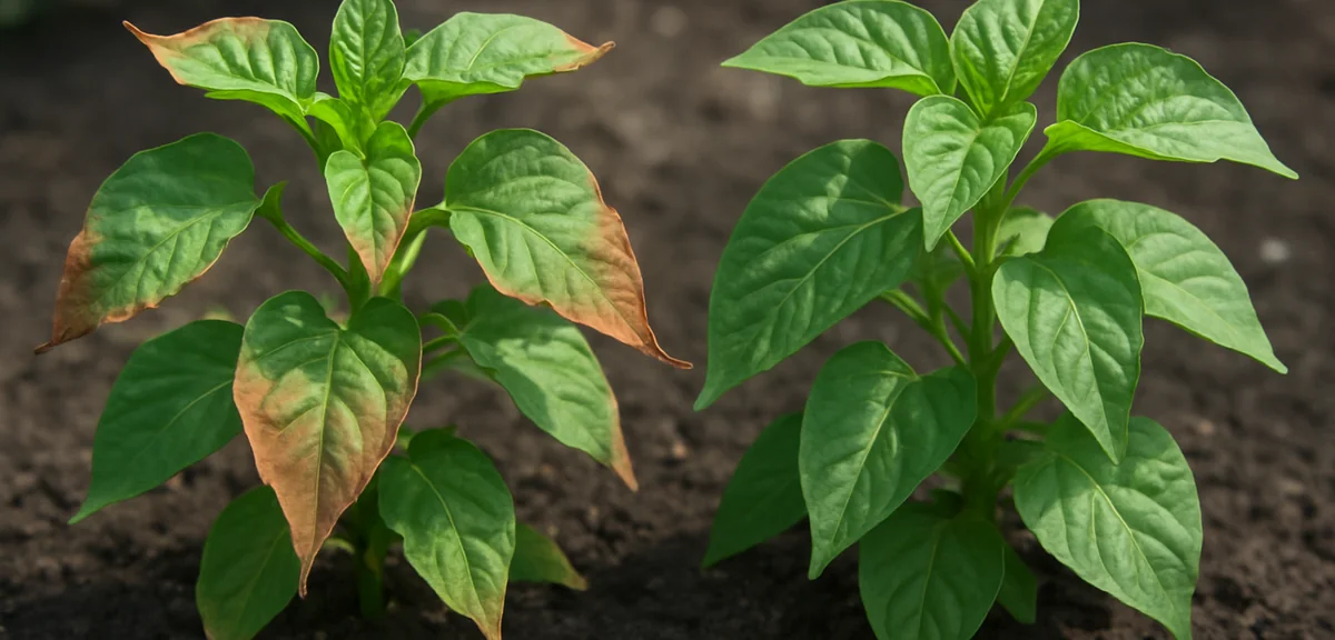 Comparison of two vegetable plants, one with brown scorched leaf tips from fertilizer burn and one h