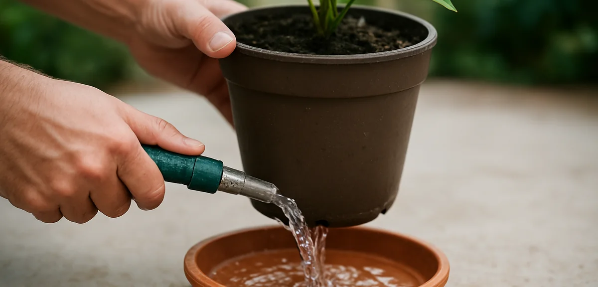 Hands flushing a planter with water until it drains from the bottom, removing excess fertilizer, sau