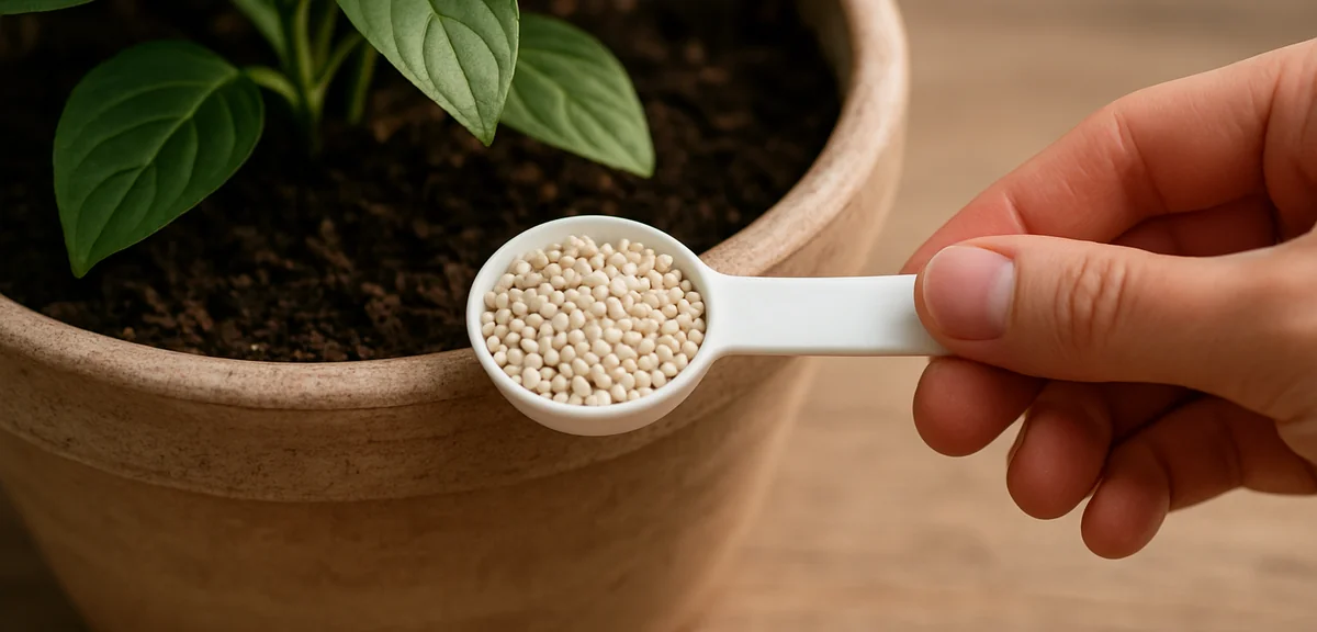 Measuring granular fertilizer with a measuring spoon beside a planter, showing careful dosing, clean
