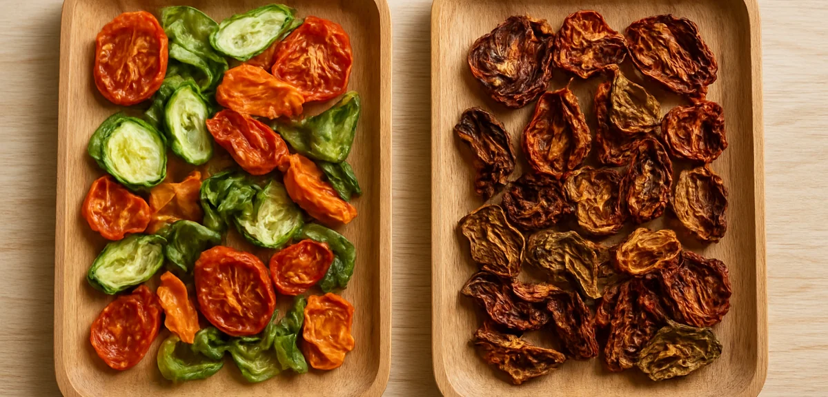 Side by side comparison of semi-dried vegetables and fully dried vegetables on wooden trays, showing