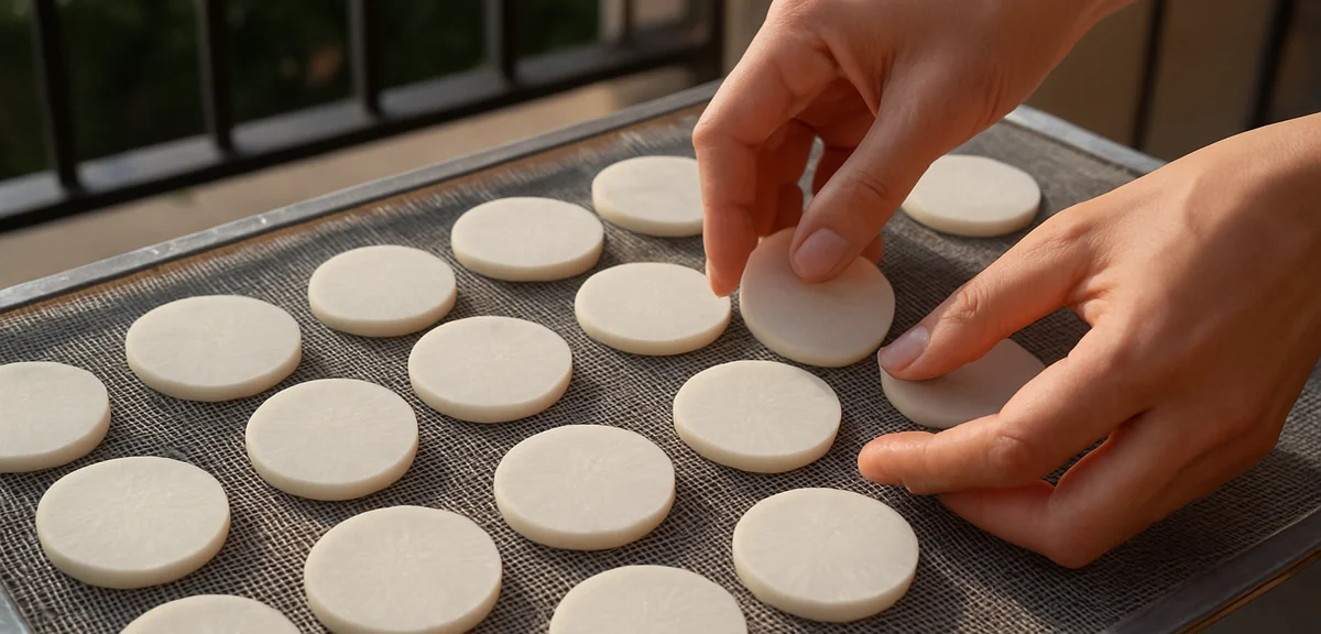 Hands arranging evenly sliced daikon radish on a mesh drying net, spaced apart with airflow visible,