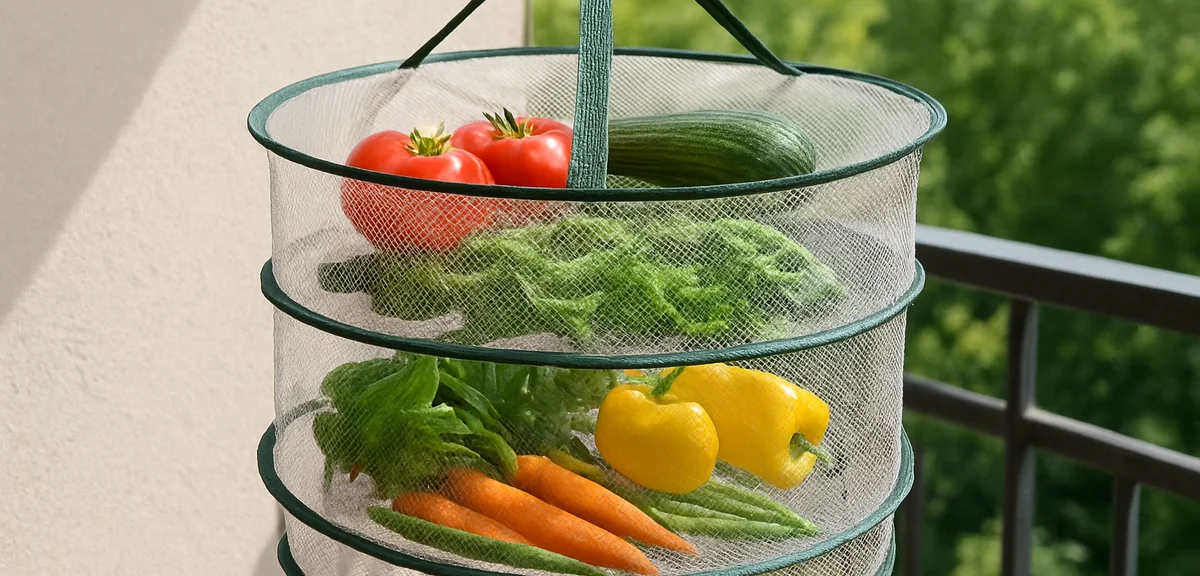 Vegetables drying inside a mesh drying net hanging on a balcony, protecting from insects while allow
