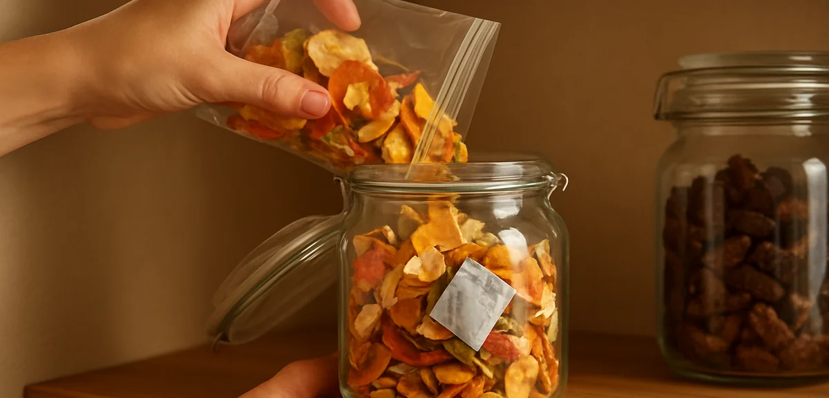 Dried vegetable slices being packed into a glass jar with a desiccant packet, labeled and sealed for