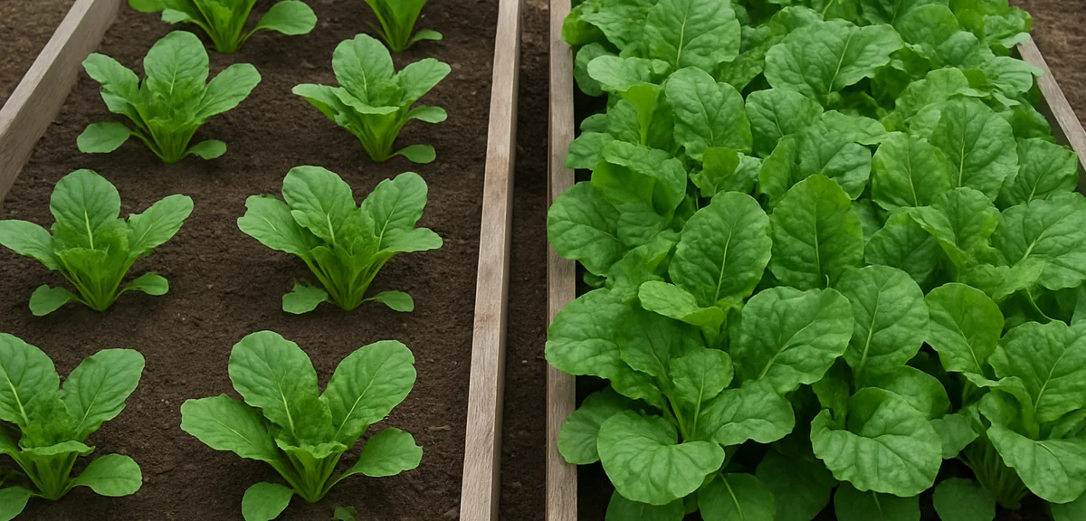 Comparison of two vegetable beds, one with proper plant spacing and good airflow, one overcrowded wi