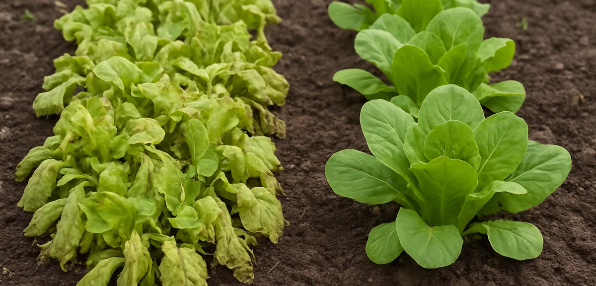 Wilting overcrowded lettuce seedlings with overlapping leaves next to properly spaced healthy ones,