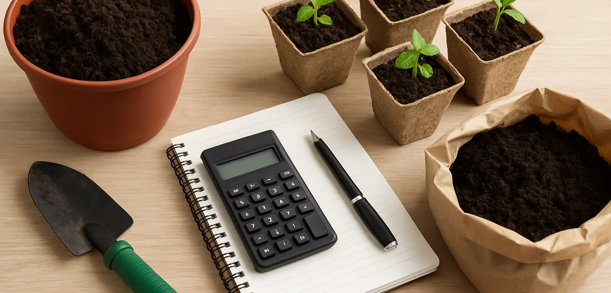 Gardening supplies laid out with a calculator and notebook showing cost planning, planters soil and 