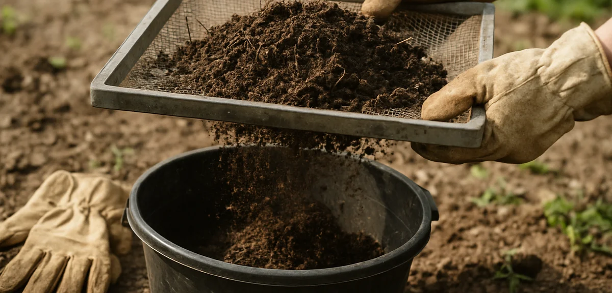 Old potting soil being sifted through a mesh screen to remove roots for reuse, gardening gloves and 