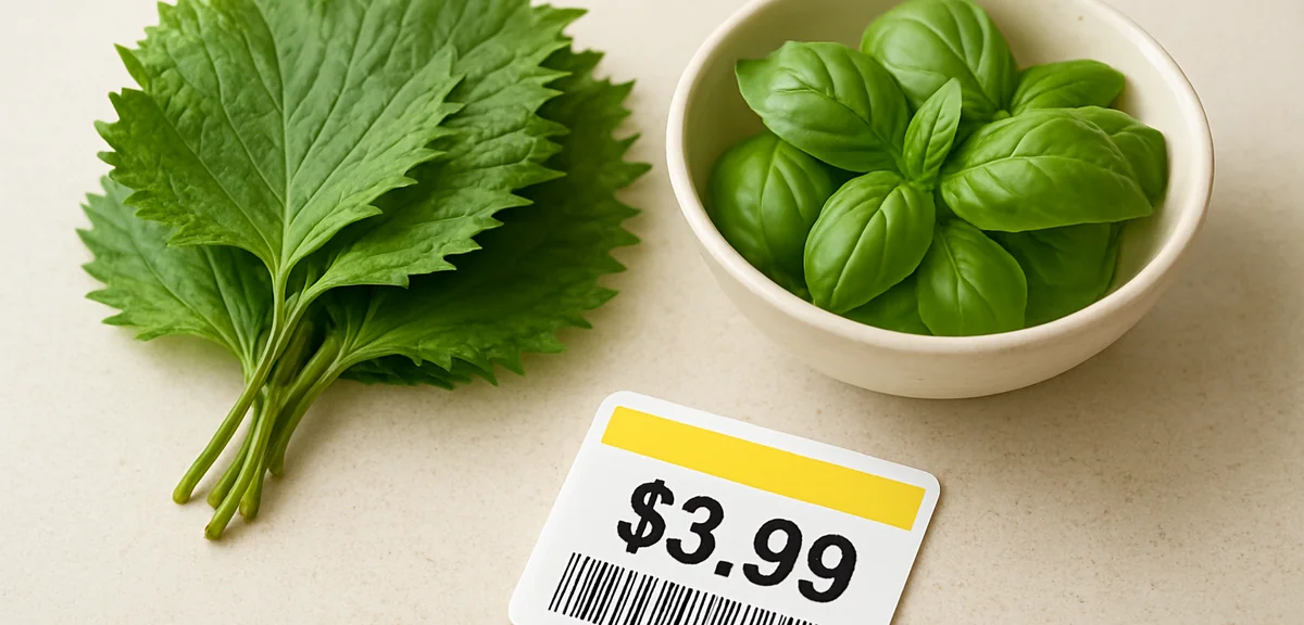 Freshly picked shiso leaves and basil in a small bowl on a kitchen counter next to a supermarket pri