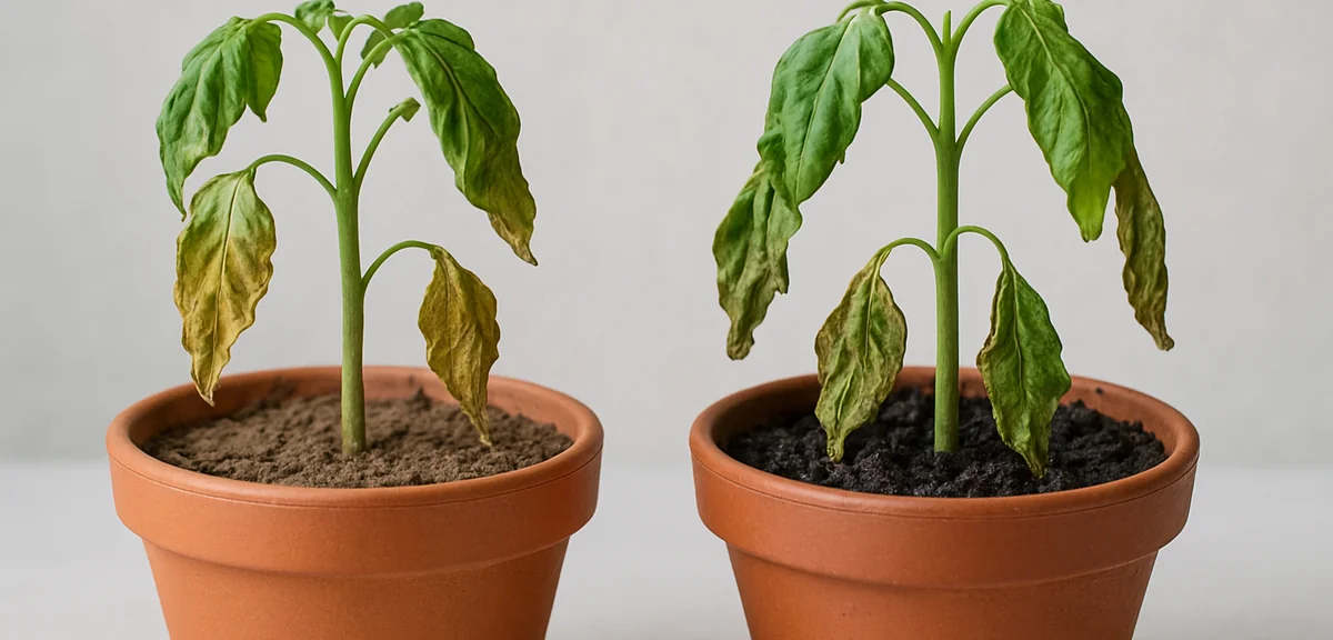 Two potted vegetable plants side by side both showing wilted leaves, one in dry soil one in wet soil