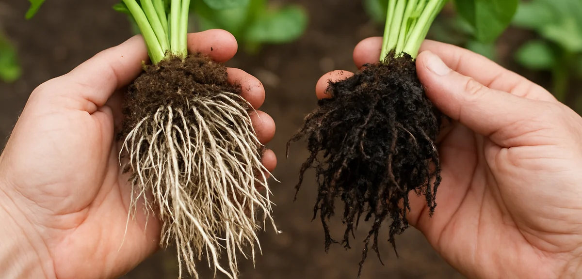 Close-up of vegetable plant roots being inspected, showing healthy white roots versus dark rotted ro