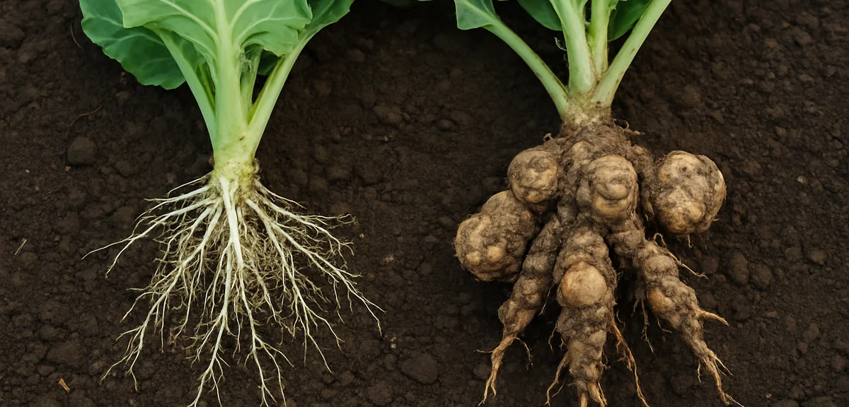 Side by side comparison of healthy white cabbage roots and diseased roots with large swollen galls,