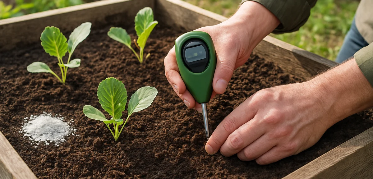 Gardener testing soil pH with a meter in a raised garden bed before planting cabbage seedlings, lime