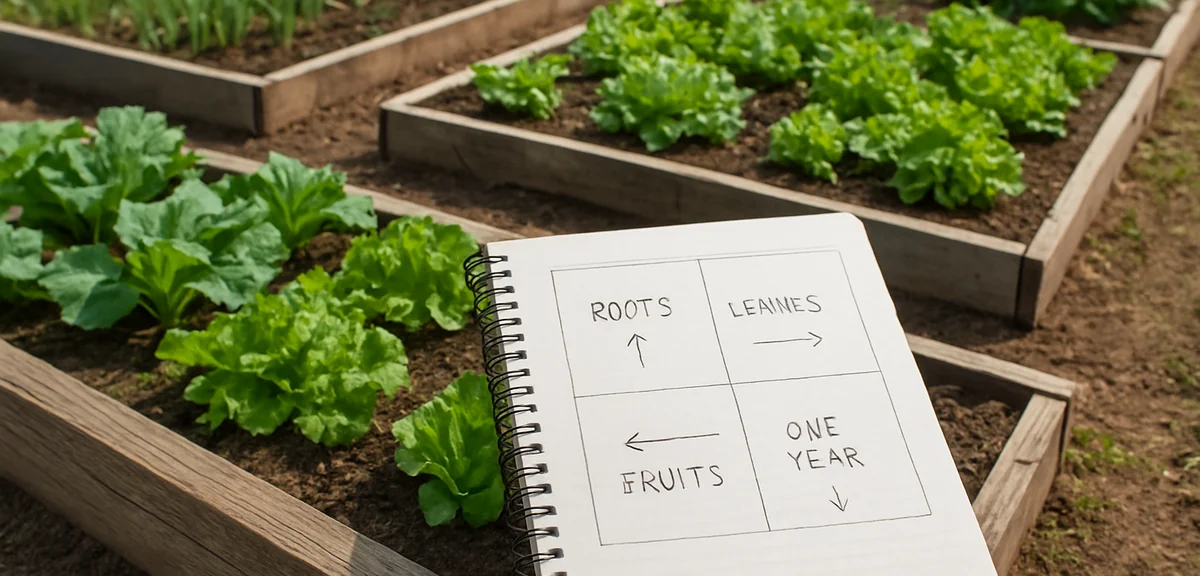 Crop rotation plan sketched in a garden notebook next to raised beds with different vegetable famili