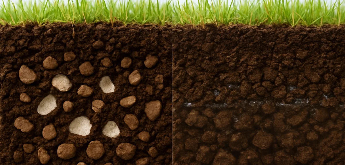 Cross section diagram of soil showing air pockets between particles in healthy soil versus waterlogg
