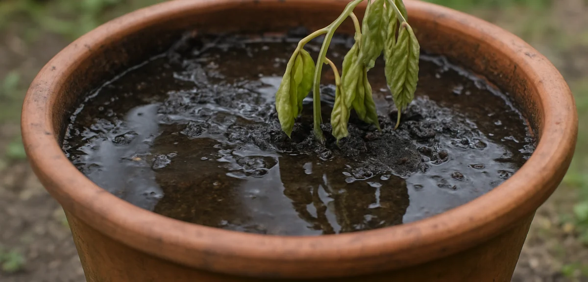 Waterlogged planter soil with standing water on the surface and a wilting plant, drainage holes bloc
