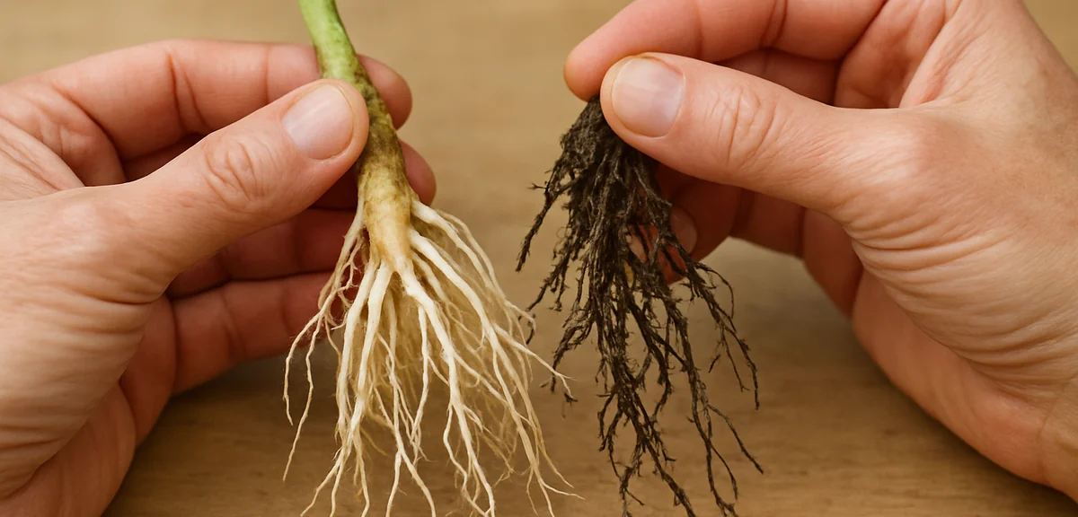 Close-up of hands examining plant roots, comparing firm white healthy roots with soft dark rotted ro