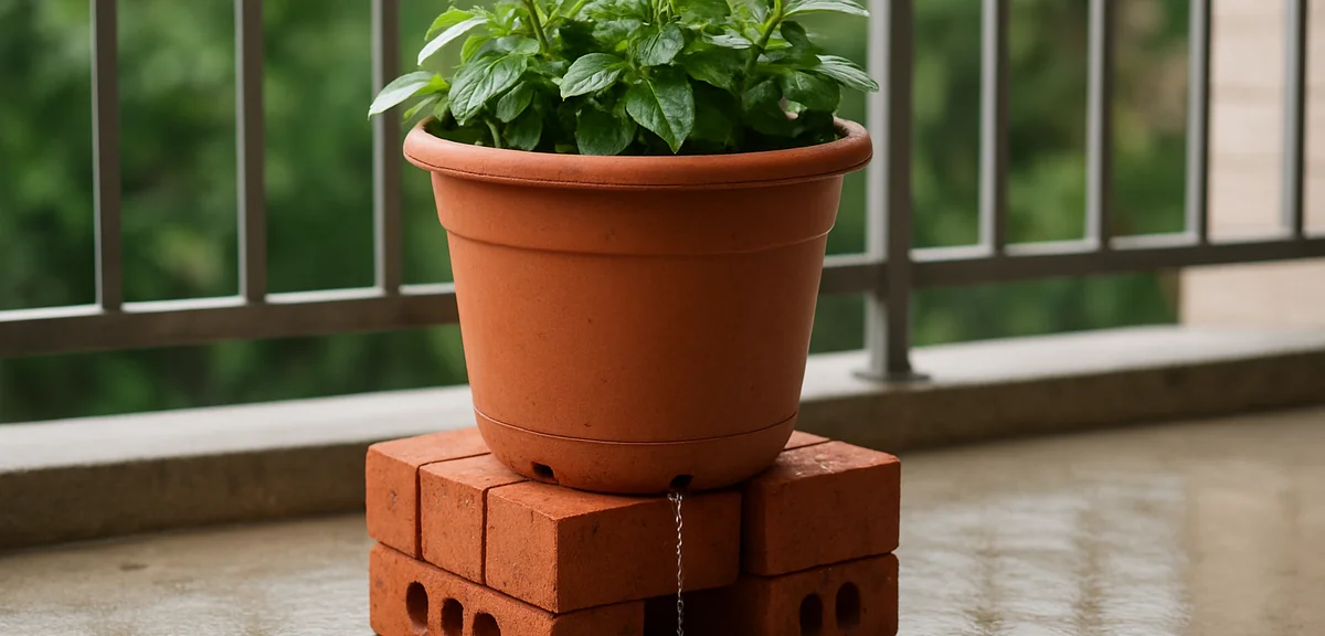 A planter raised on bricks above a balcony floor to ensure drainage, water flowing freely from the b