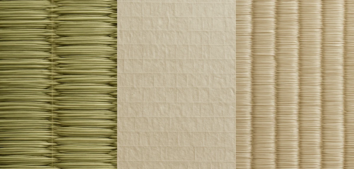 Close-up texture comparison of igusa rush grass, washi paper tatami, and resin tatami surfaces, show