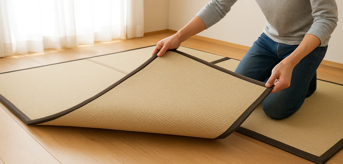 Person lifting a modular tatami mat to air out the floor underneath, showing maintenance routine, br