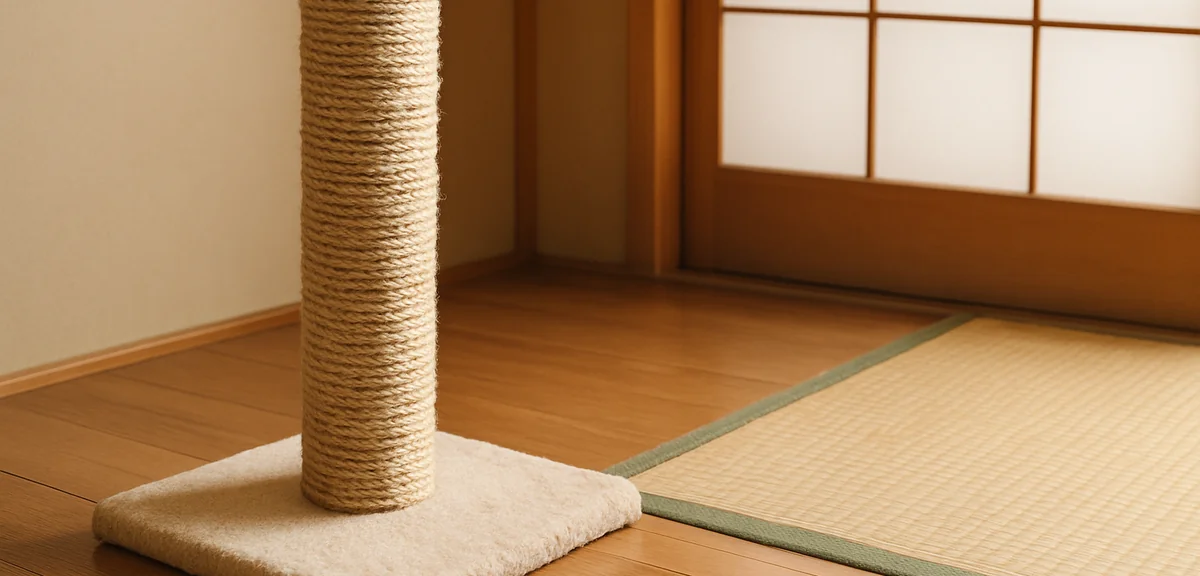 A sisal rope cat scratching post placed next to a tatami area in a Japanese room, showing proper pla
