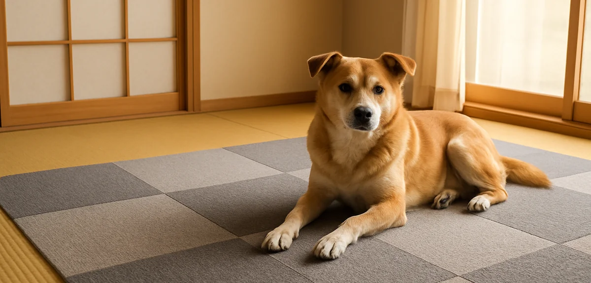 Washable tile carpet squares partially covering a tatami floor where a dog rests, practical pet frie