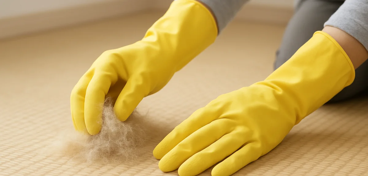Person wearing rubber gloves gathering pet hair from a tatami mat surface, practical cleaning techni