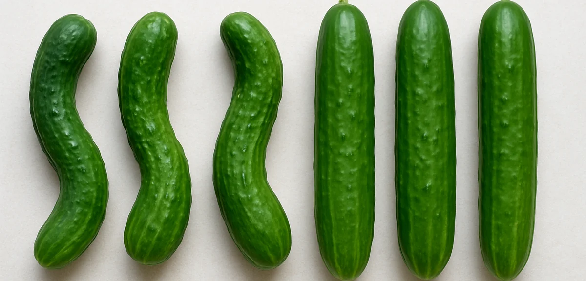 Curved and misshapen cucumbers next to straight healthy ones, illustrating the visual difference cau