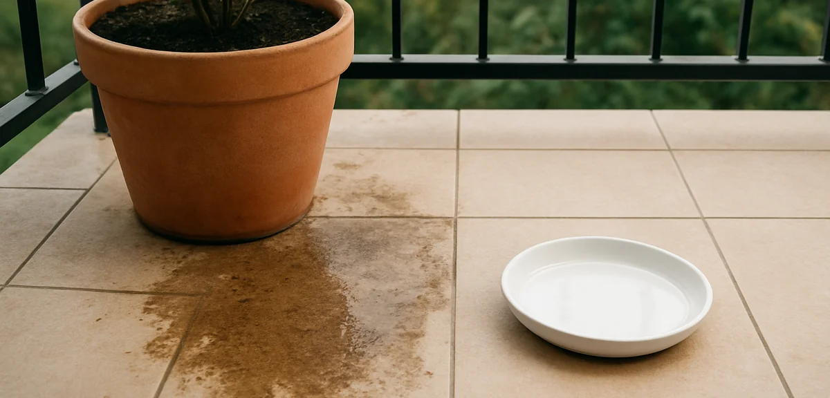 Muddy water stains on a balcony floor next to a planter without a saucer, contrasted with a clean fl