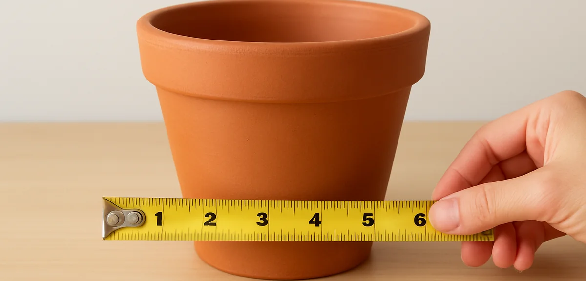 A tape measure held across the bottom of an empty planter to measure its base dimensions, showing th