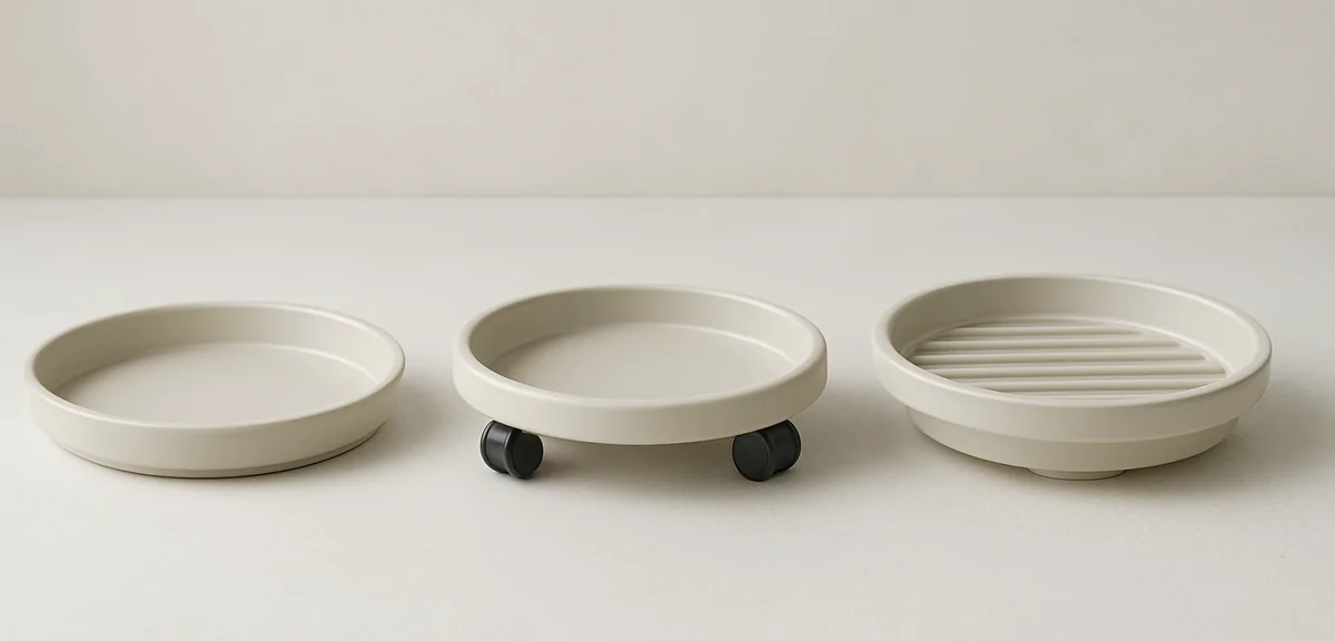 Three types of planter saucers side by side, a plain plastic tray, one with casters, and one with a