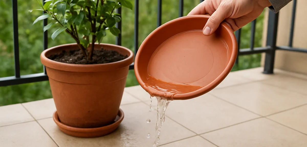 Water being tipped out of a planter saucer after watering, keeping the tray dry, balcony floor visib