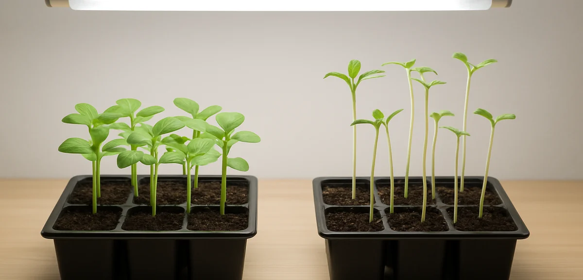 Comparison of two seedling trays, one healthy and compact under grow light, one leggy and stretched 