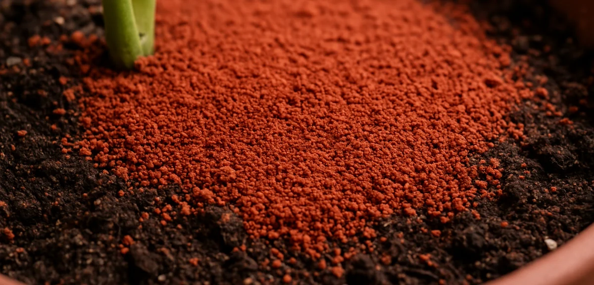 A layer of red ball earth spread over the surface of indoor potting soil to block fungus gnats from