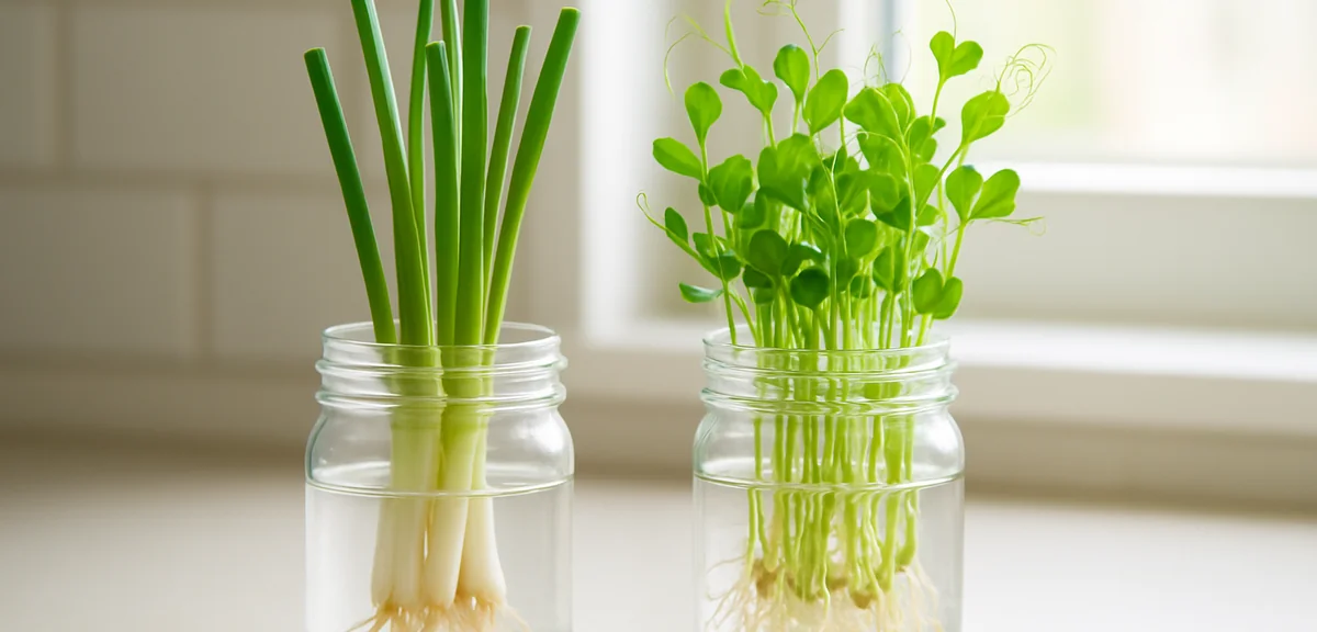 Regrown spring onion and pea shoots in small glass jars of water on a kitchen counter, simple indoor