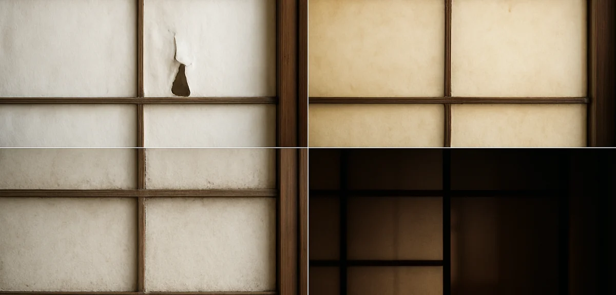 Four small vignettes showing common shoji problems, torn paper, yellowed paper, dusty wooden lattice