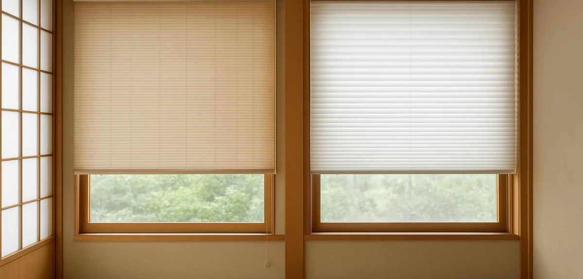 Side by side comparison of roll screen and pleated screen installed in Japanese room windows, showin